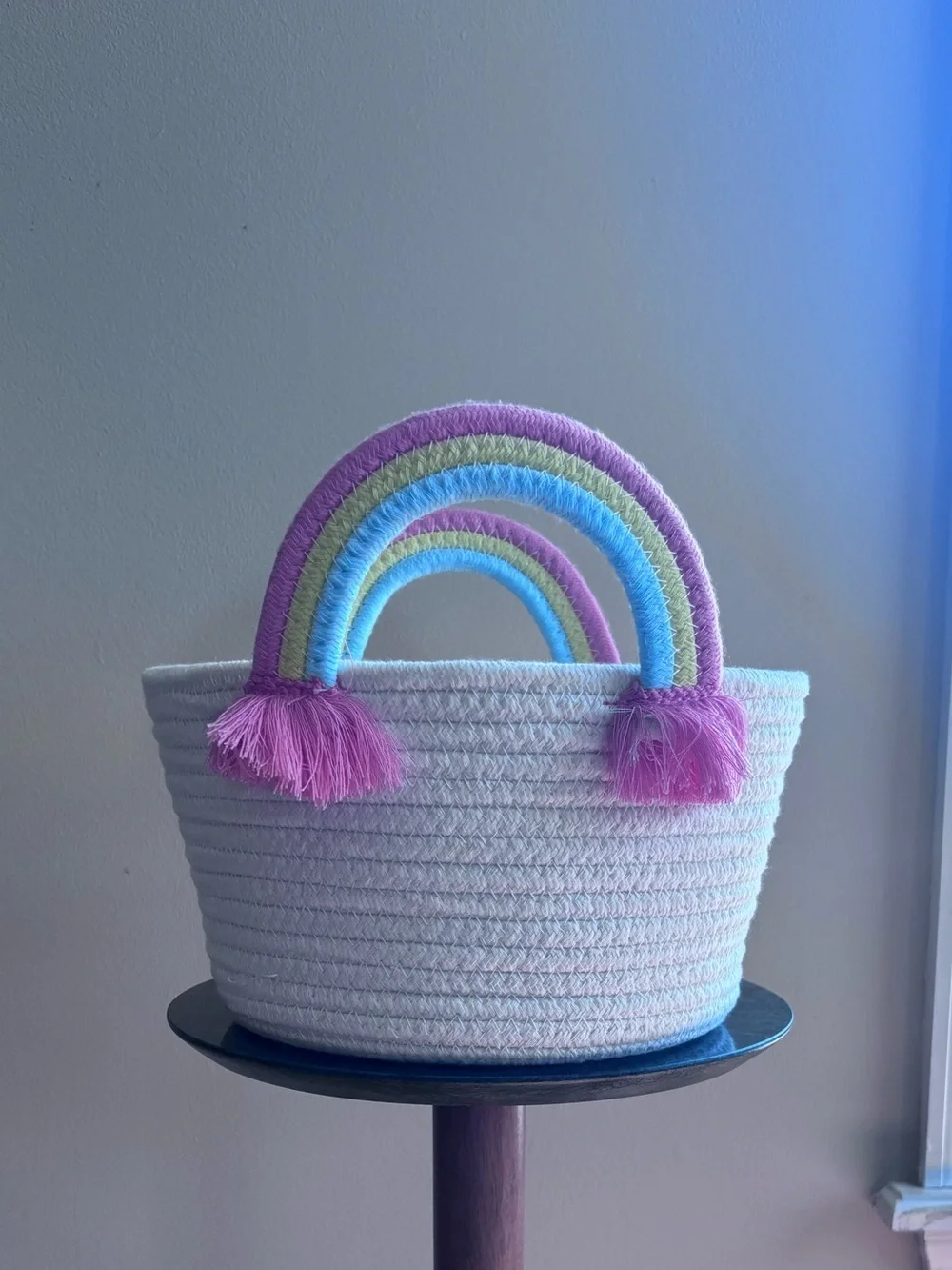 Target Kids White Rope Basket with Pink and Pastel Rainbow Handles